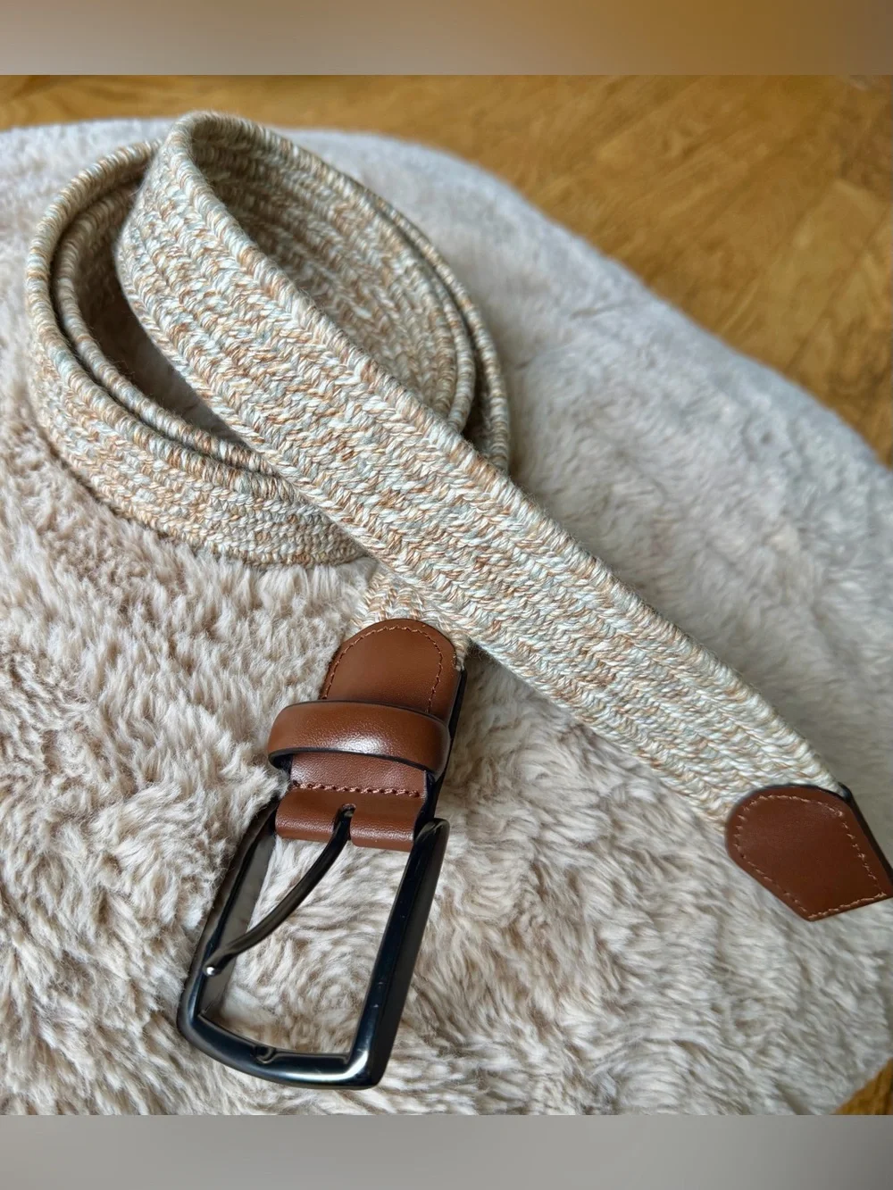 Roundtree & Yorke Men’s Woven Stretch Belt Beige Brown Leather Size 44